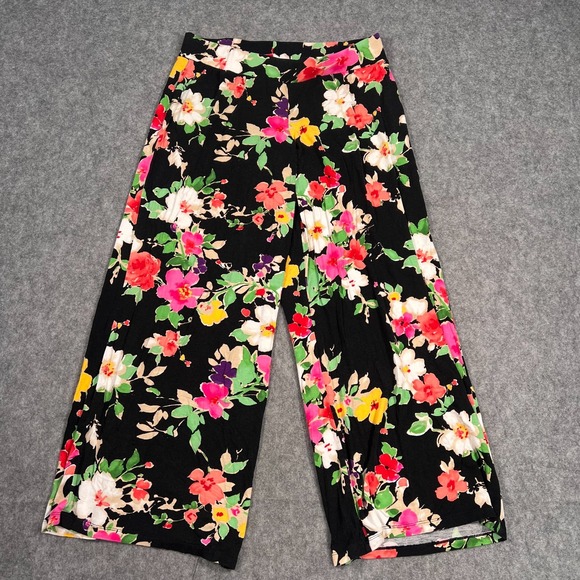 Lauren Ralph Lauren Black Floral Wide Leg Ankle Pants Women's Size Large - Picture 1 of 6